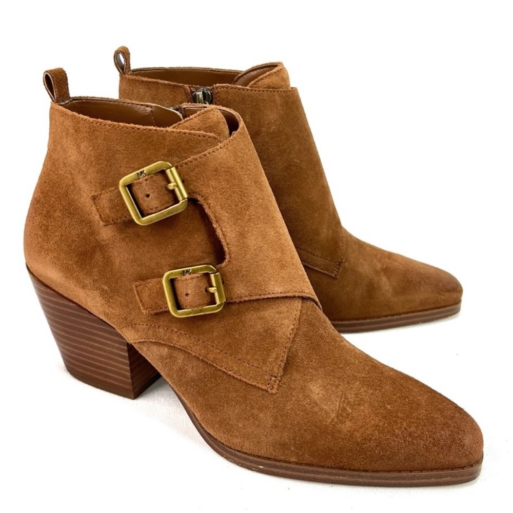 Michael Kors Loni Ankle Booties Buckle Pointed Toe Burnished Suede Tan 7